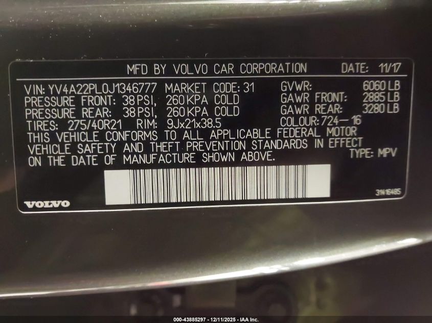 2018 Volvo Xc90 T6 Inscription VIN: YV4A22PL0J1346777 Lot: 43885297