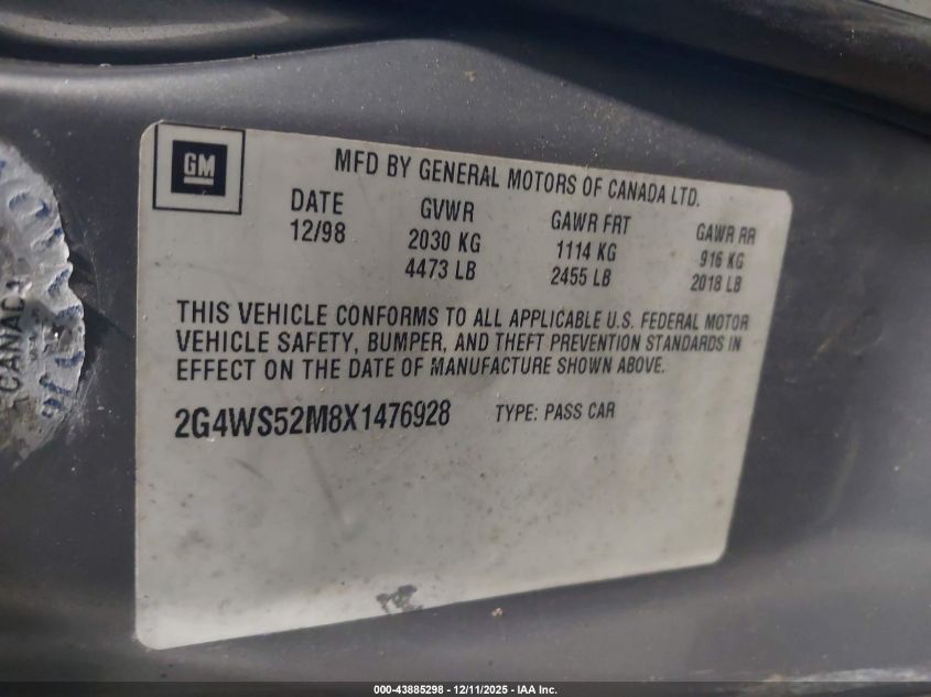 1999 Buick Century Custom VIN: 2G4WS52M8X1476928 Lot: 43885298