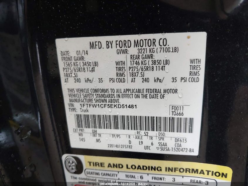 2014 Ford F-150 Xlt VIN: 1FTFW1CF5EKD51481 Lot: 43885299