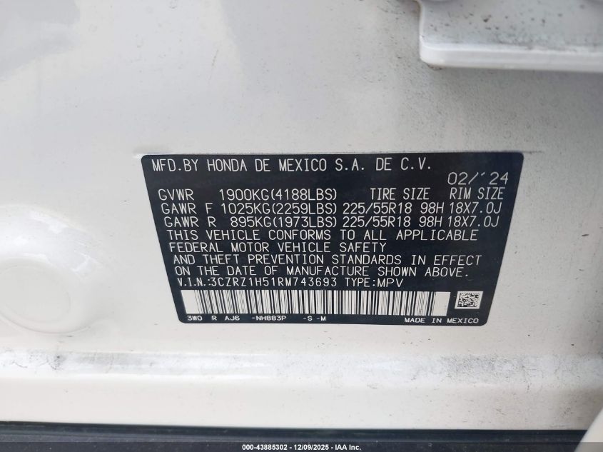 2024 Honda Hr-V 2Wd Sport/2Wd Sport W/O Bsi VIN: 3CZRZ1H51RM743693 Lot: 43885302