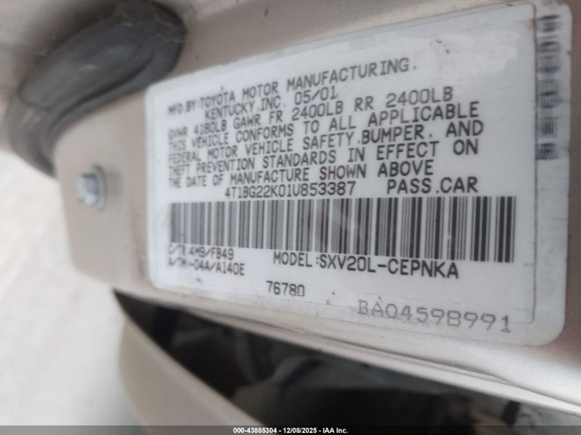 2001 Toyota Camry Le VIN: 4T1BG22K01U853387 Lot: 43885304