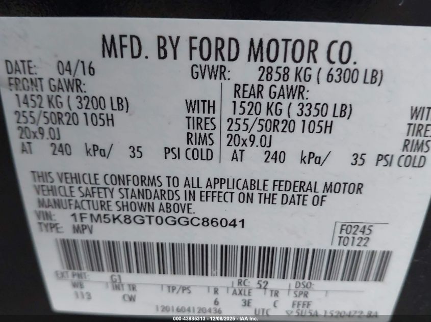 2016 Ford Explorer Sport VIN: 1FM5K8GT0GGC86041 Lot: 43885313