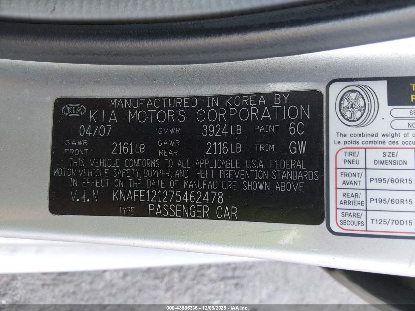 2007 Kia Spectra Ex VIN: KNAFE121275462478 Lot: 43885336