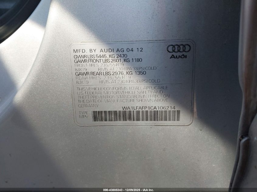 2012 Audi Q5 2.0T Premium VIN: WA1LFAFP1CA106214 Lot: 43885343