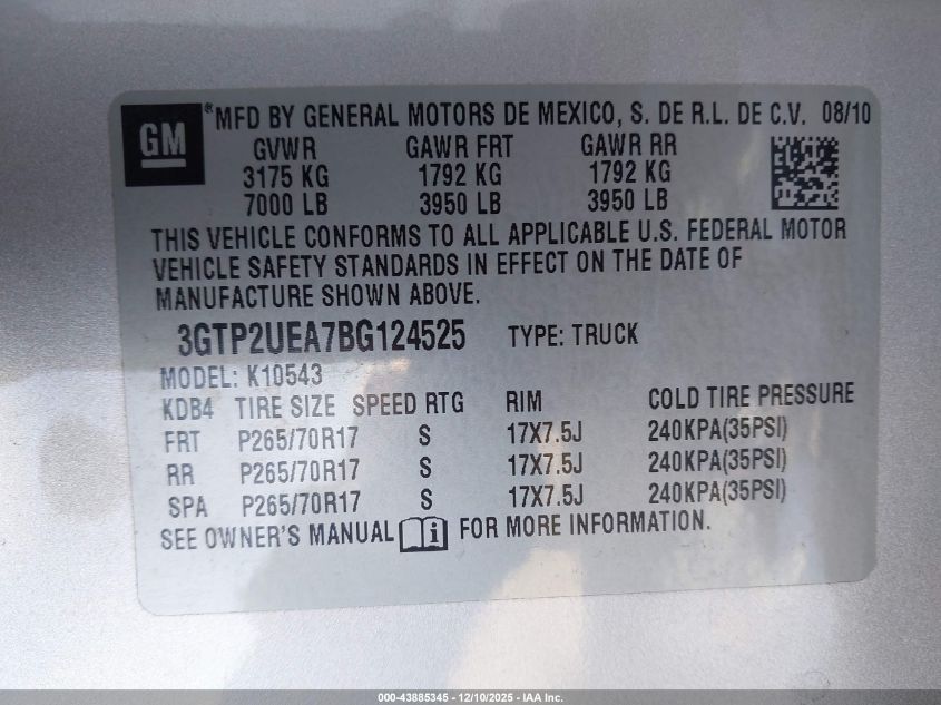 2011 GMC Sierra 1500 Sl VIN: 3GTP2UEA7BG124525 Lot: 43885345