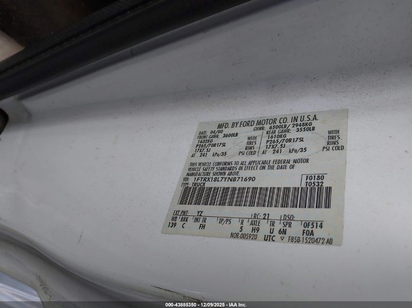 2000 Ford F-150 Lariat/Work Series/Xl/Xlt VIN: 1FTRX18L7YNB71690 Lot: 43885350