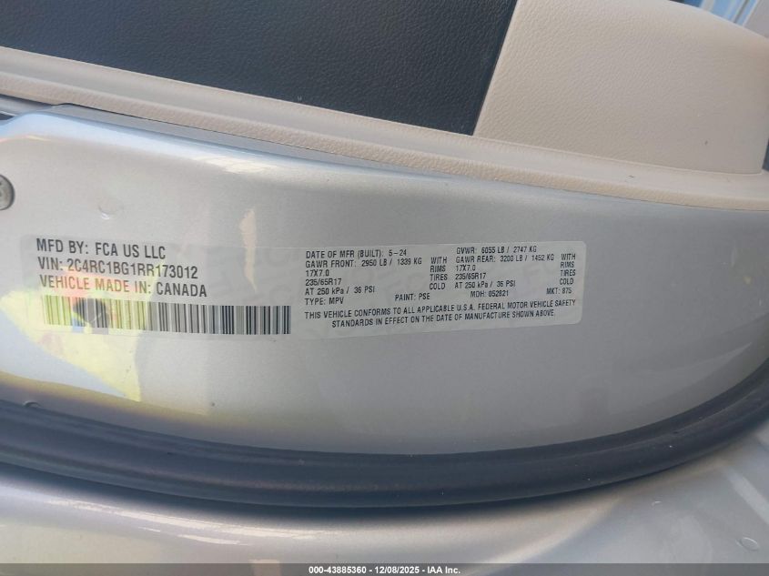 2024 Chrysler Pacifica Touring L VIN: 2C4RC1BG1RR173012 Lot: 43885360