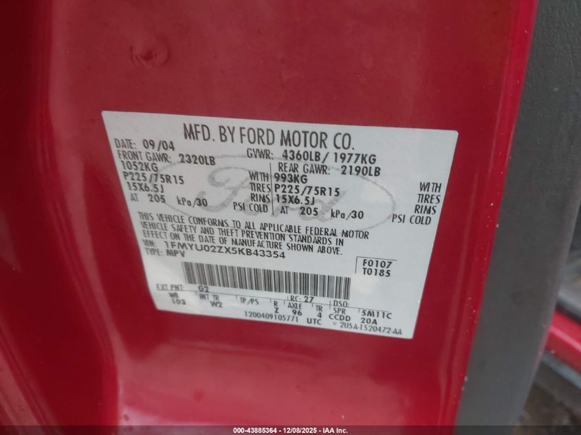 2005 Ford Escape Xls VIN: 1FMYU02ZX5KB43354 Lot: 43885364