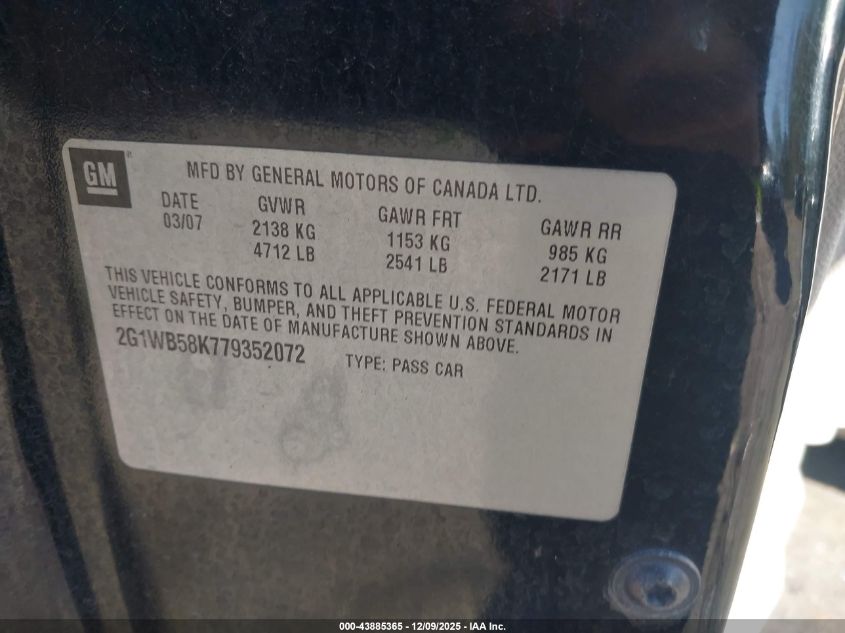 2007 Chevrolet Impala Ls VIN: 2G1WB58K779352072 Lot: 43885365