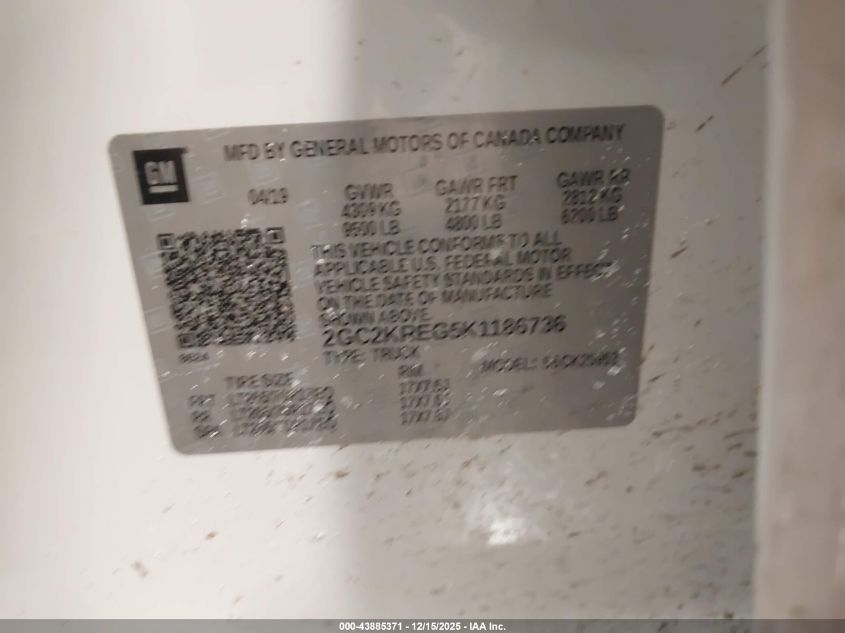 2019 Chevrolet Silverado 2500Hd Wt VIN: 2GC2KREG5K1186736 Lot: 43885371