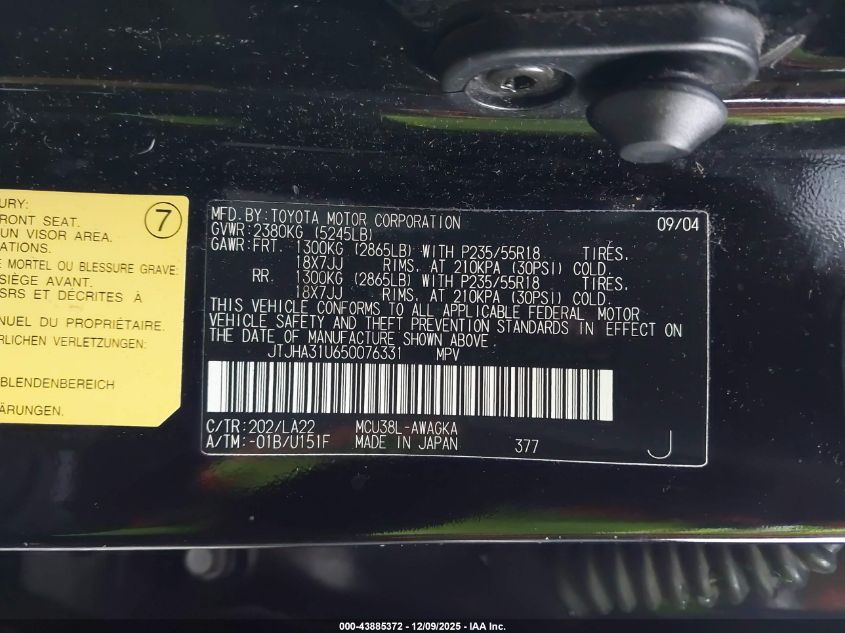 2005 Lexus Rx 330 VIN: JTJHA31U650076331 Lot: 43885372