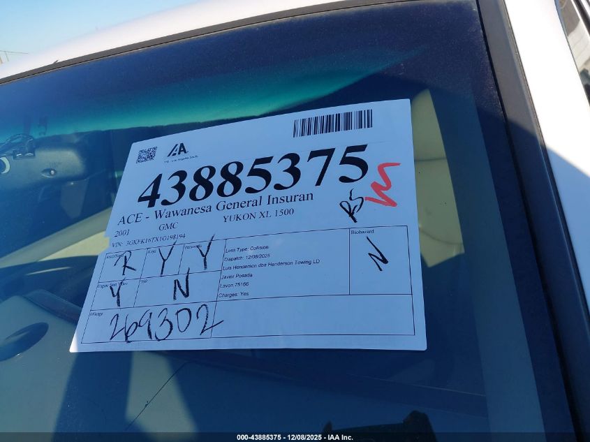 2001 GMC Yukon Xl 1500 Slt VIN: 3GKFK16TX1G198194 Lot: 43885375