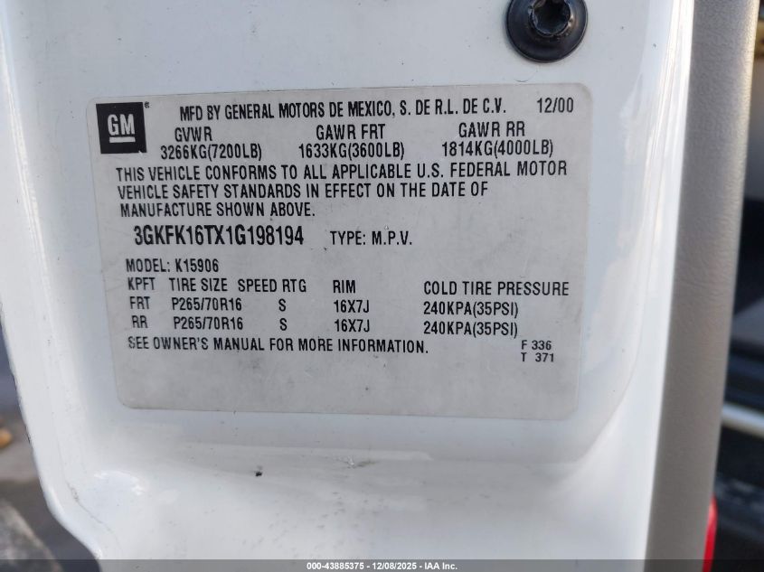 2001 GMC Yukon Xl 1500 Slt VIN: 3GKFK16TX1G198194 Lot: 43885375