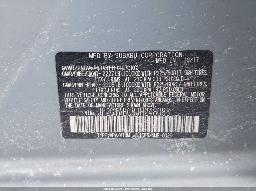 2018 Subaru Crosstrek 2.0I Premium VIN: JF2GTABC8JH248083 Lot: 43885379