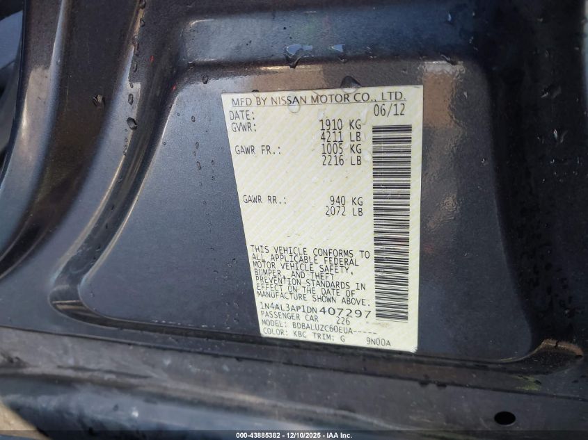 2013 Nissan Altima 2.5 Sv VIN: 1N4AL3AP1DN407297 Lot: 43885382