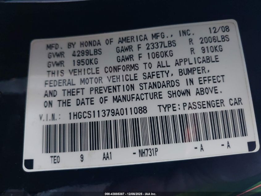 2009 Honda Accord 2.4 Lx-S VIN: 1HGCS11379A011088 Lot: 43885387