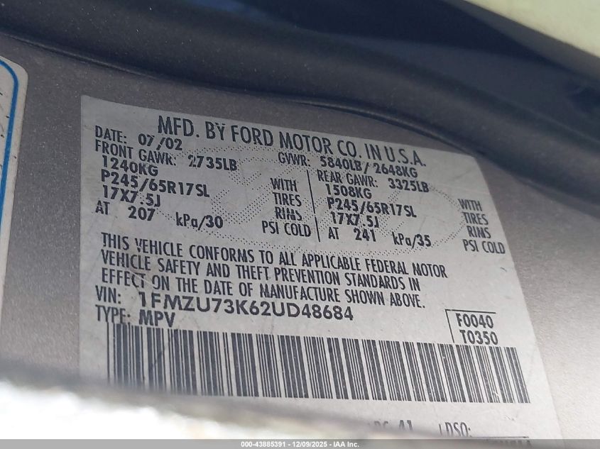 2002 Ford Explorer Xlt VIN: 1FMZU73K62UD48684 Lot: 43885391