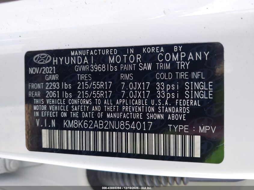 2022 Hyundai Kona Sel VIN: KM8K62AB2NU854017 Lot: 43885394