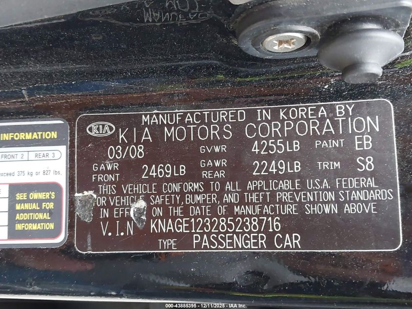 2008 Kia Optima Ex VIN: KNAGE123285238716 Lot: 43885395