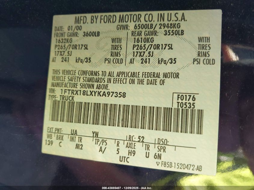 2000 Ford F-150 Lariat/Work Series/Xl/Xlt VIN: 1FTRX18LXYKA97358 Lot: 43885407