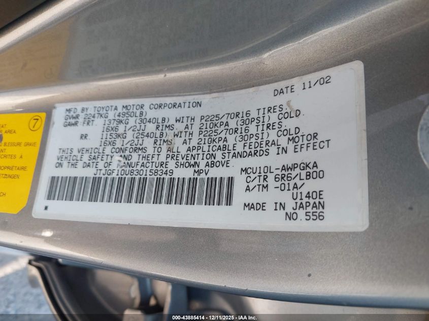 2003 Lexus Rx 300 VIN: JTJGF10U830158349 Lot: 43885414