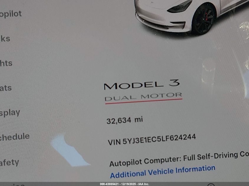 2020 Tesla Model 3 Performance Dual Motor All-Wheel Drive VIN: 5YJ3E1EC5LF624244 Lot: 43885421