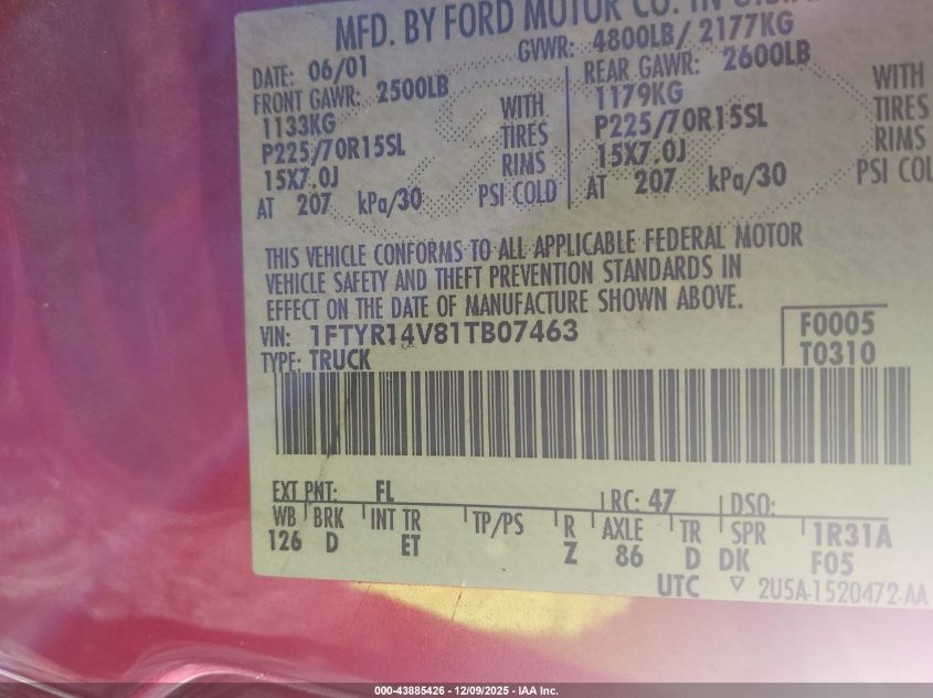 2001 Ford Ranger Edge/Xl/Xlt VIN: 1FTYR14V81TB07463 Lot: 43885426