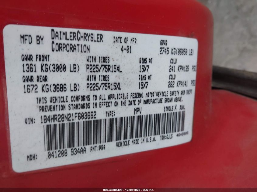 2001 Dodge Durango VIN: 1B4HR28N21F603662 Lot: 43885429