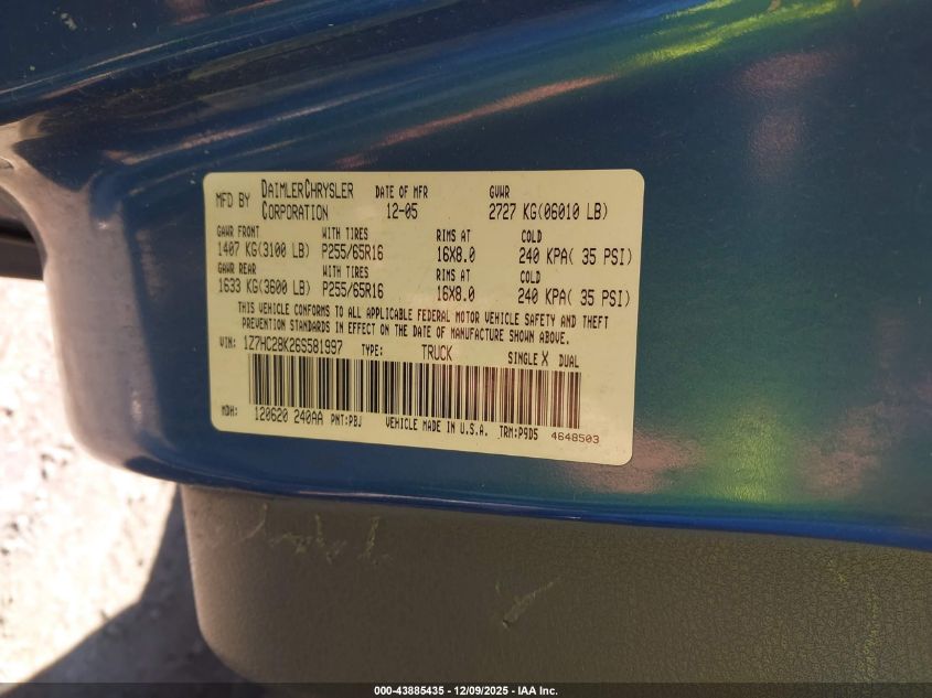 2006 Mitsubishi Raider Ls VIN: 1Z7HC28K26S581997 Lot: 43885435