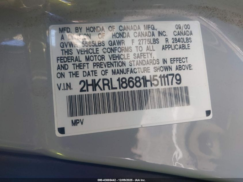 2001 Honda Odyssey Ex VIN: 2HKRL18681H511179 Lot: 43885442