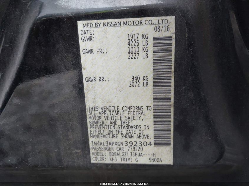 2016 Nissan Altima 2.5 S VIN: 1N4AL3APXGN392304 Lot: 43885447