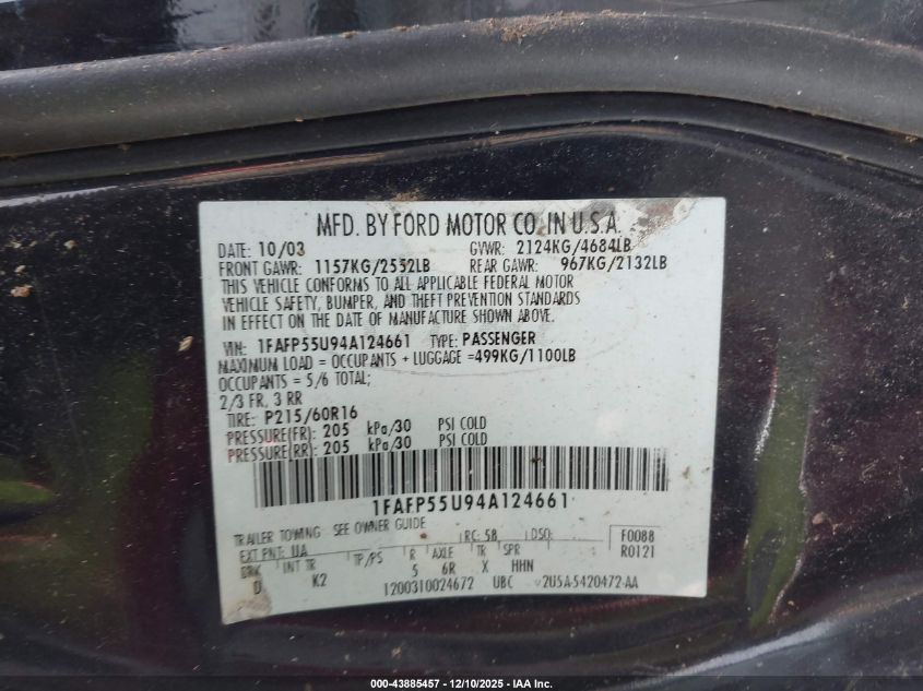 2004 Ford Taurus Ses VIN: 1FAFP55U94A124661 Lot: 43885457