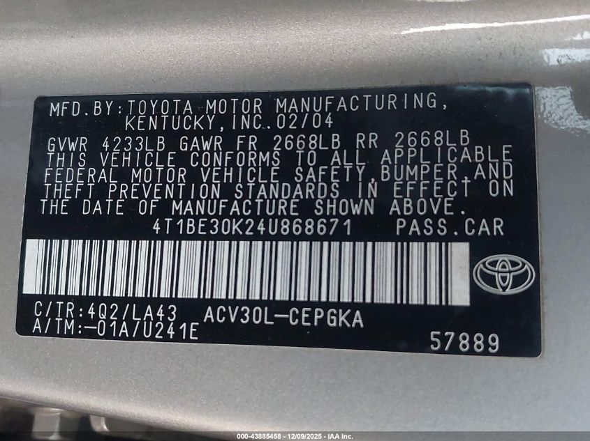 2004 Toyota Camry Xle VIN: 4T1BE30K24U868671 Lot: 43885458