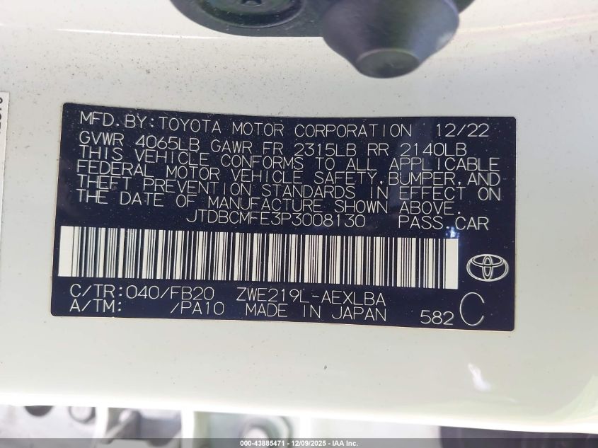 2023 Toyota Corolla Hybrid Le VIN: JTDBCMFE3P3008130 Lot: 43885471