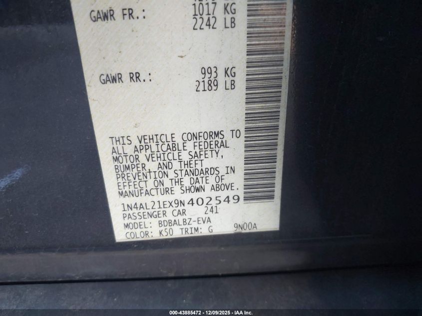 2009 Nissan Altima 2.5 S VIN: 1N4AL21EX9N402549 Lot: 43885472