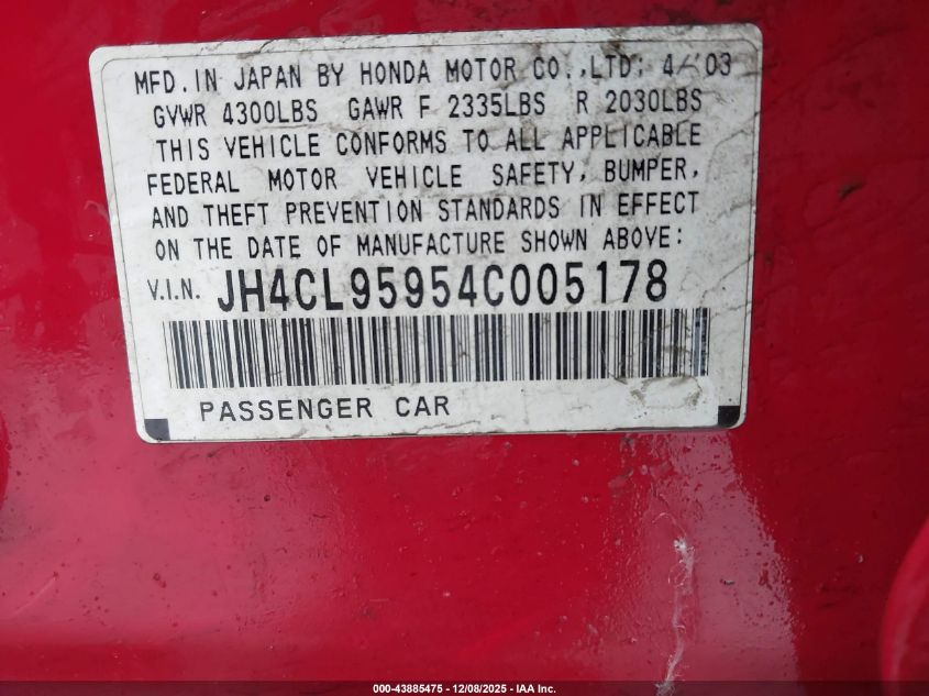 2004 Acura Tsx VIN: JH4CL95954C005178 Lot: 43885475