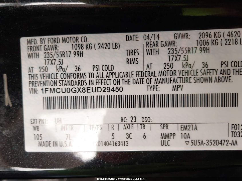 2014 Ford Escape Se VIN: 1FMCU0GX8EUD29450 Lot: 43885480