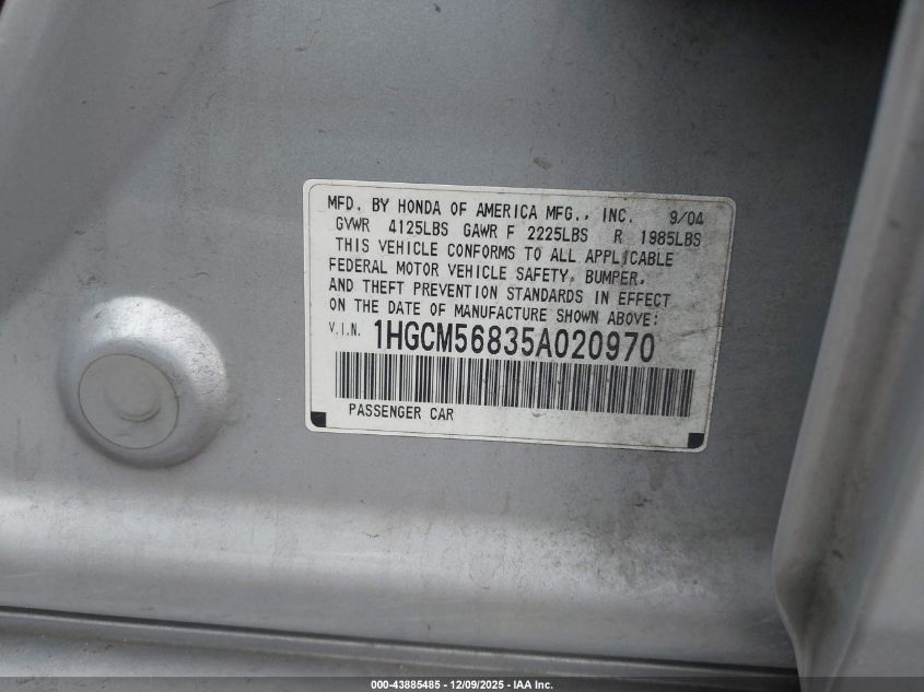 2005 Honda Accord 2.4 Ex VIN: 1HGCM56835A020970 Lot: 43885485