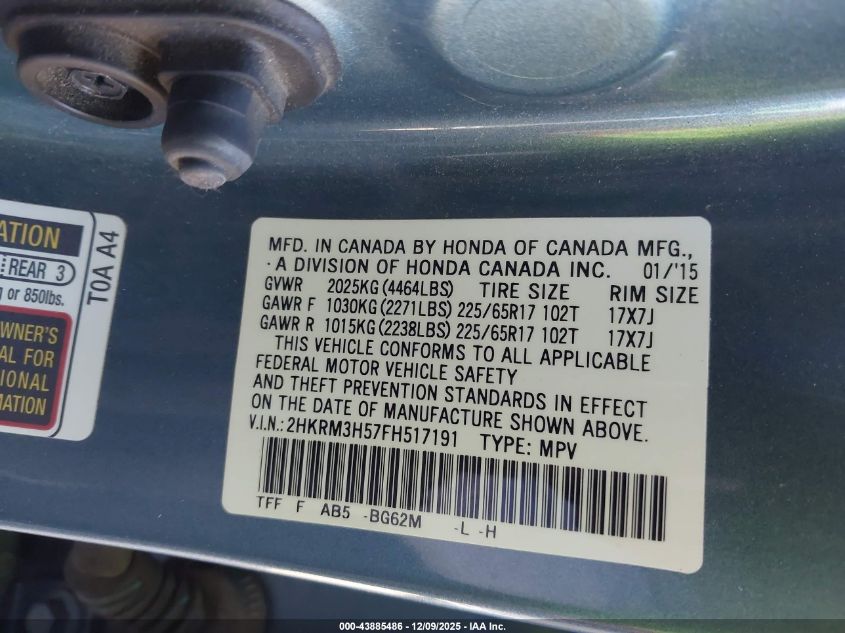 2015 Honda Cr-V Ex VIN: 2HKRM3H57FH517191 Lot: 43885486