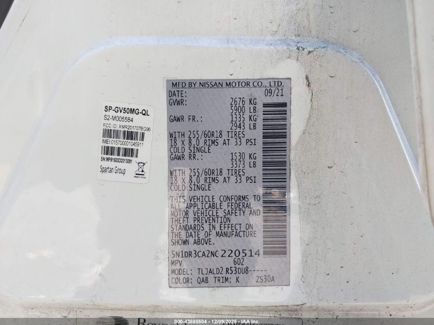 2022 Nissan Pathfinder Sl 2Wd VIN: 5N1DR3CA2NC220514 Lot: 43885504