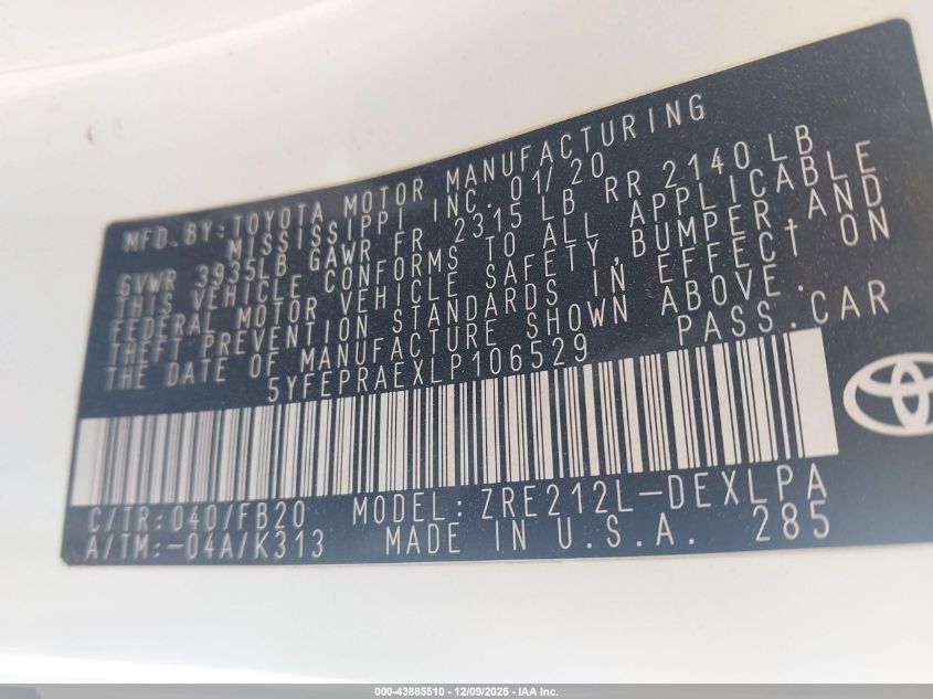 2020 Toyota Corolla Le VIN: 5YFEPRAEXLP106529 Lot: 43885510