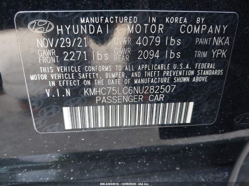 2022 Hyundai Ioniq Hybrid Se VIN: KMHC75LC6NU282507 Lot: 43885518