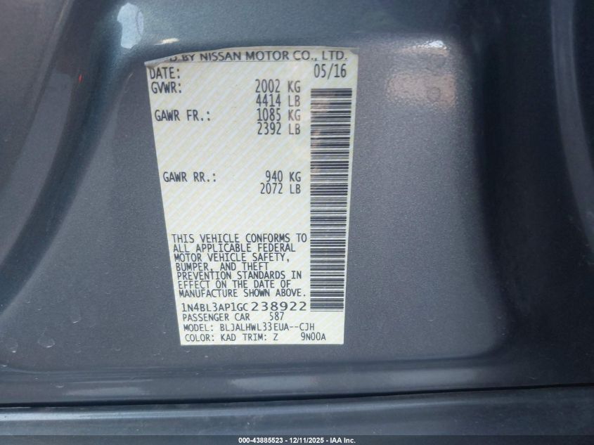 2016 Nissan Altima 3.5 Sr VIN: 1N4BL3AP1GC238922 Lot: 43885523