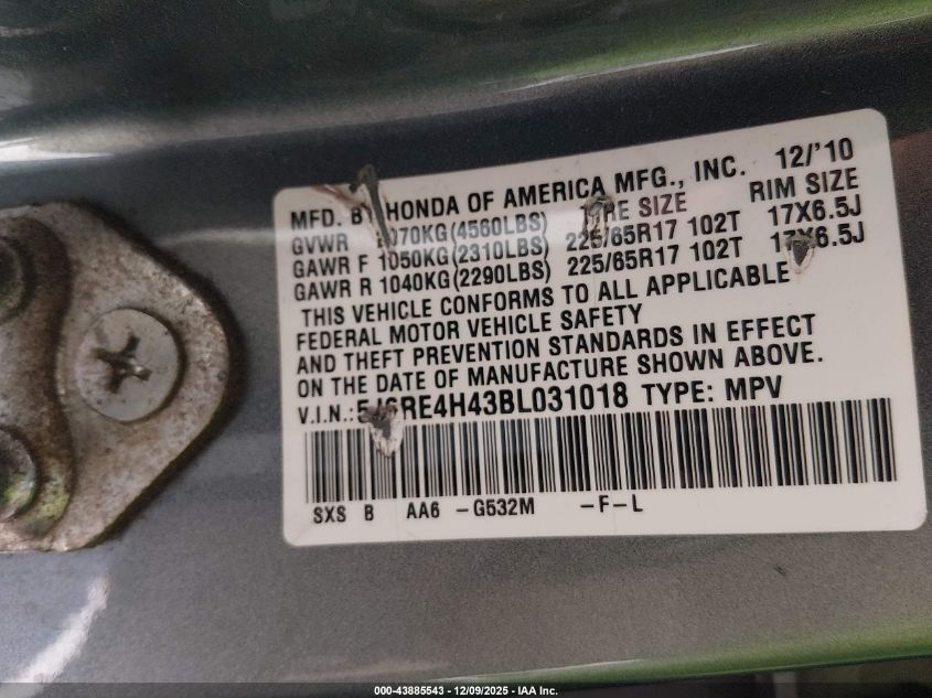 2011 Honda Cr-V Se VIN: 5J6RE4H43BL031018 Lot: 43885543