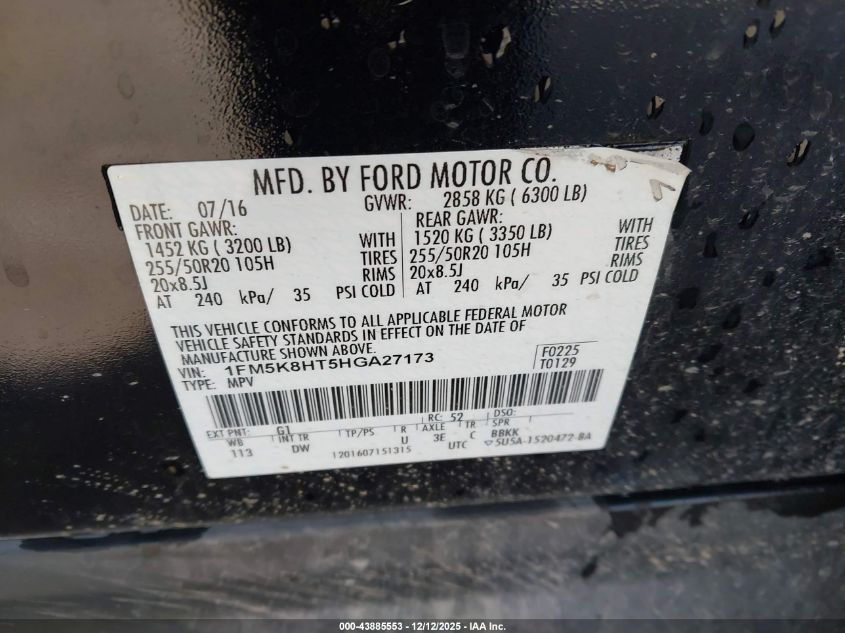 2017 Ford Explorer Platinum VIN: 1FM5K8HT5HGA27173 Lot: 43885553