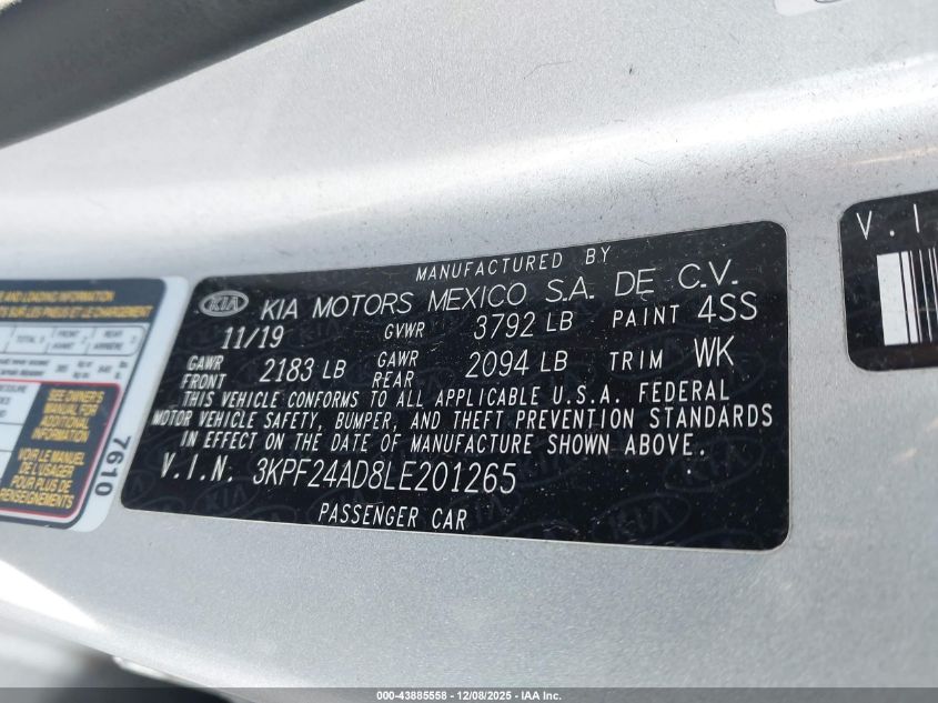 2020 Kia Forte Lxs VIN: 3KPF24AD8LE201265 Lot: 43885558