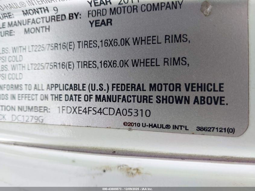 2012 Ford E-450 Cutaway VIN: 1FDXE4FS4CDA05310 Lot: 43885573