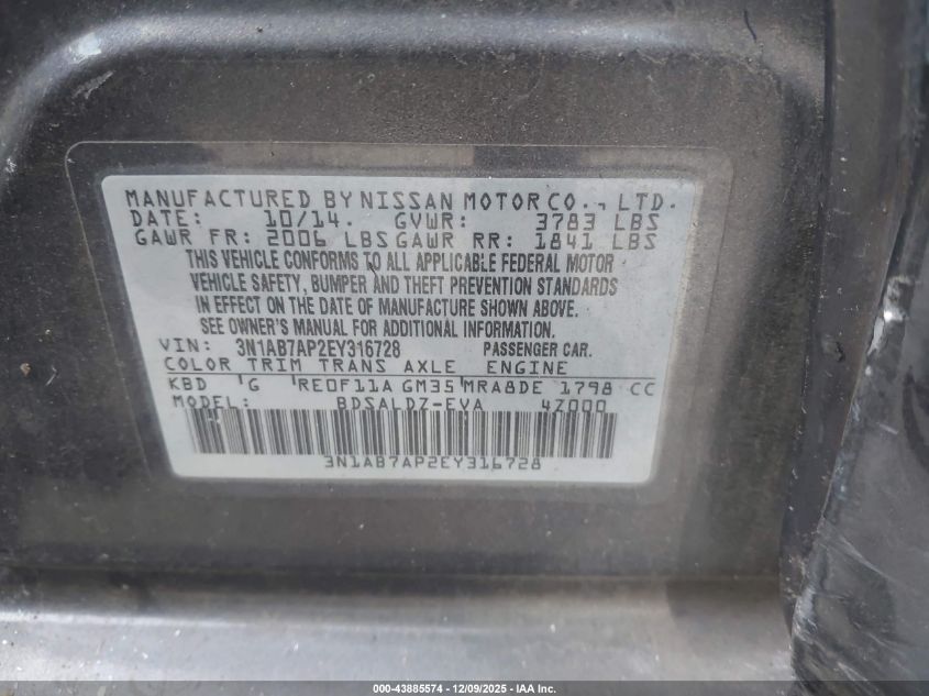 2014 Nissan Sentra Sv VIN: 3N1AB7AP2EY316728 Lot: 43885574