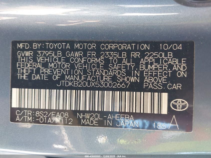 2005 Toyota Prius VIN: JTDKB20UX53002667 Lot: 43885585