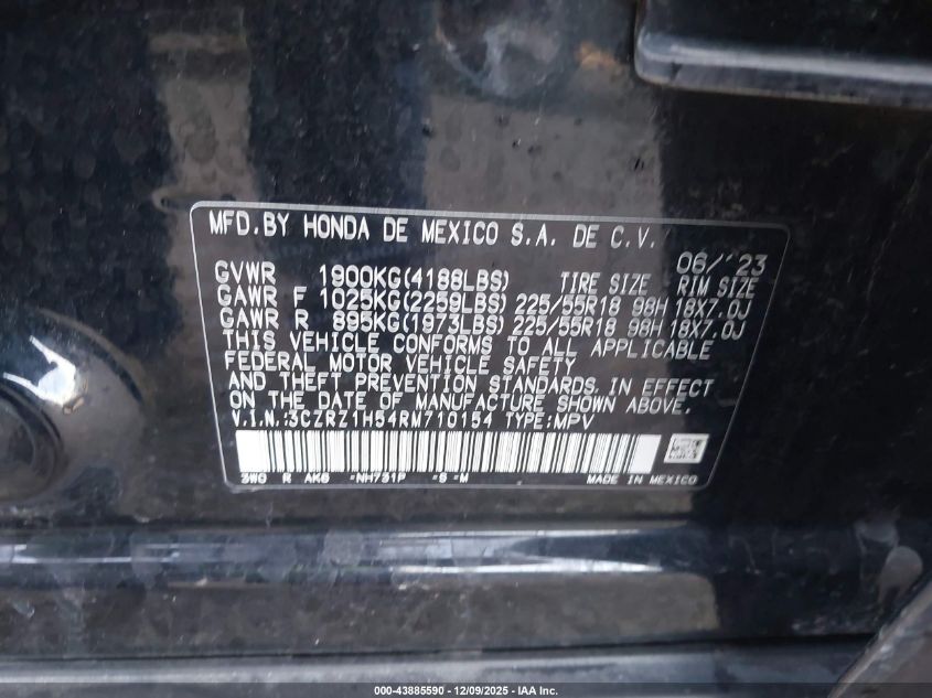 2024 Honda Hr-V 2Wd Sport/2Wd Sport W/O Bsi VIN: 3CZRZ1H54RM710154 Lot: 43885590